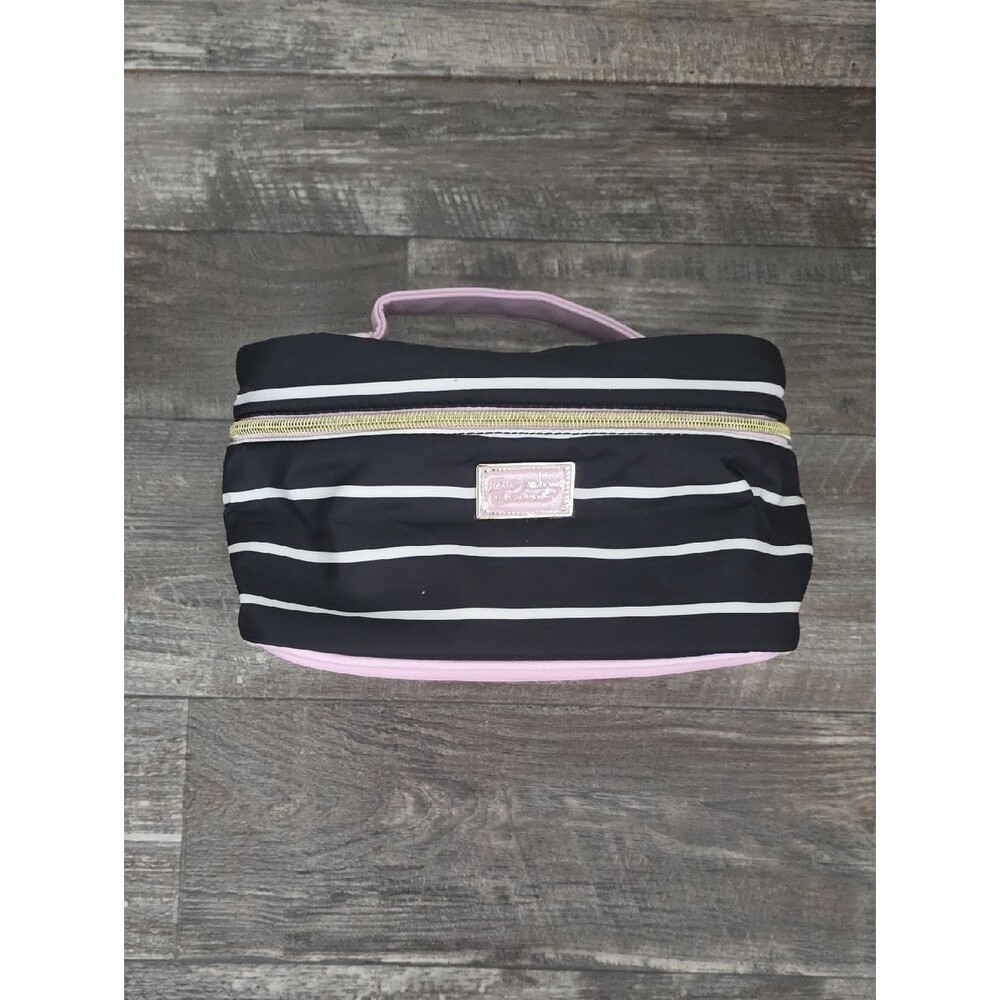 Betsey Johnson Black and White Striped Cosmetic Case with Pink Trim